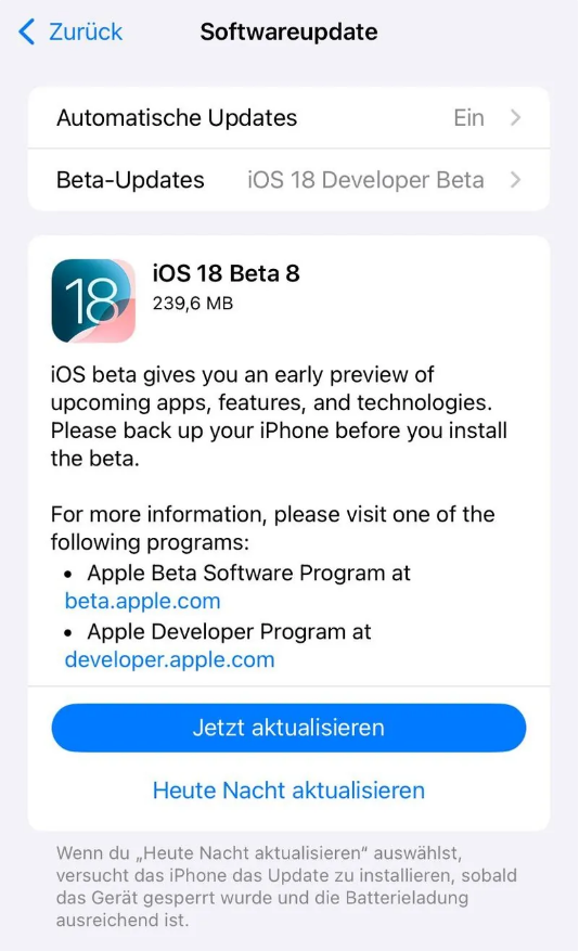 秦安苹果手机维修分享苹果 iOS / iPadOS 18 开发者预览版 Beta 8 发布 